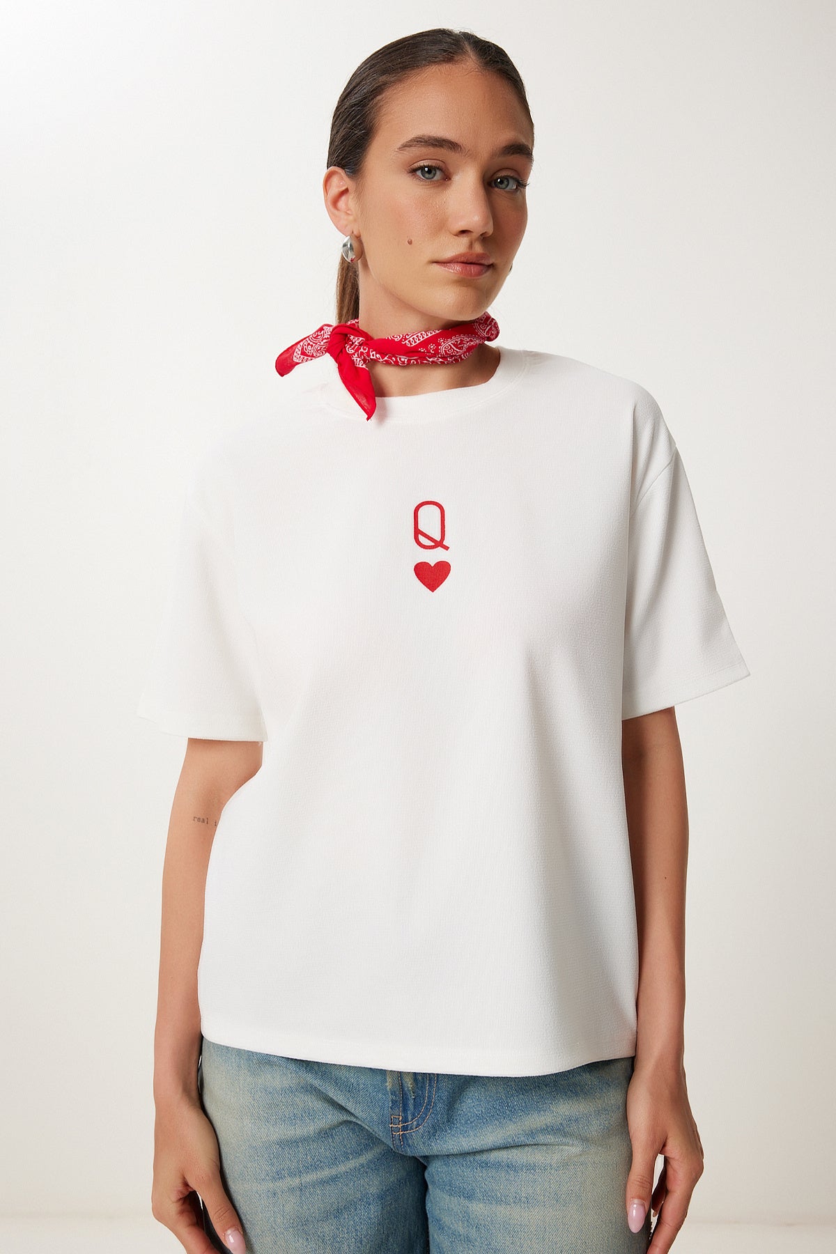 Ekru Baskılı Oversize Örme T-Shirt AN00245
