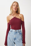 Bordo Çapraz İpli Triko Bluz  FN03340