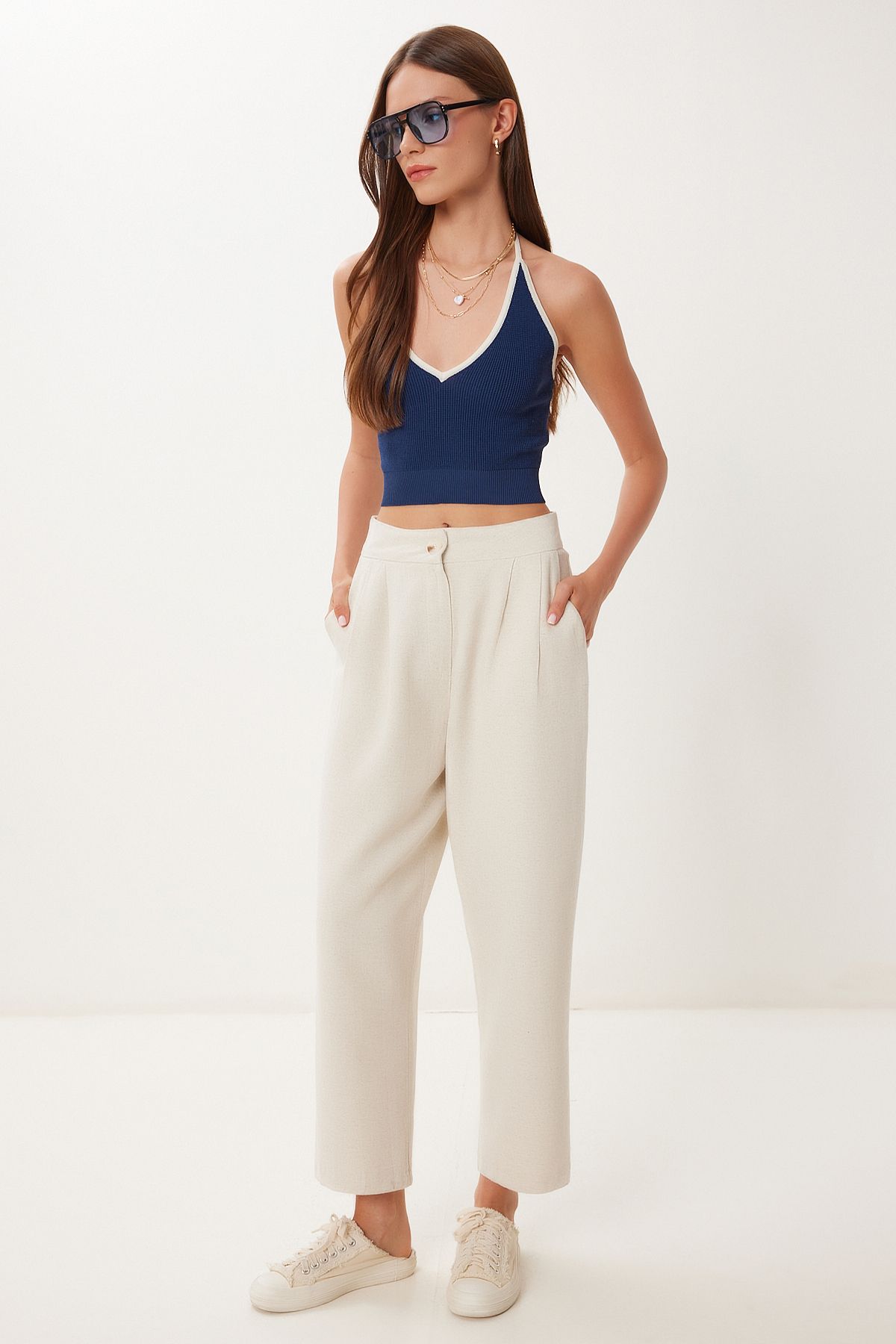 Krem Cepli Keten Şalvar Pantolon BV00164