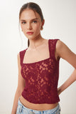 Bordo Dantelli Esnek Crop Bluz KH00095