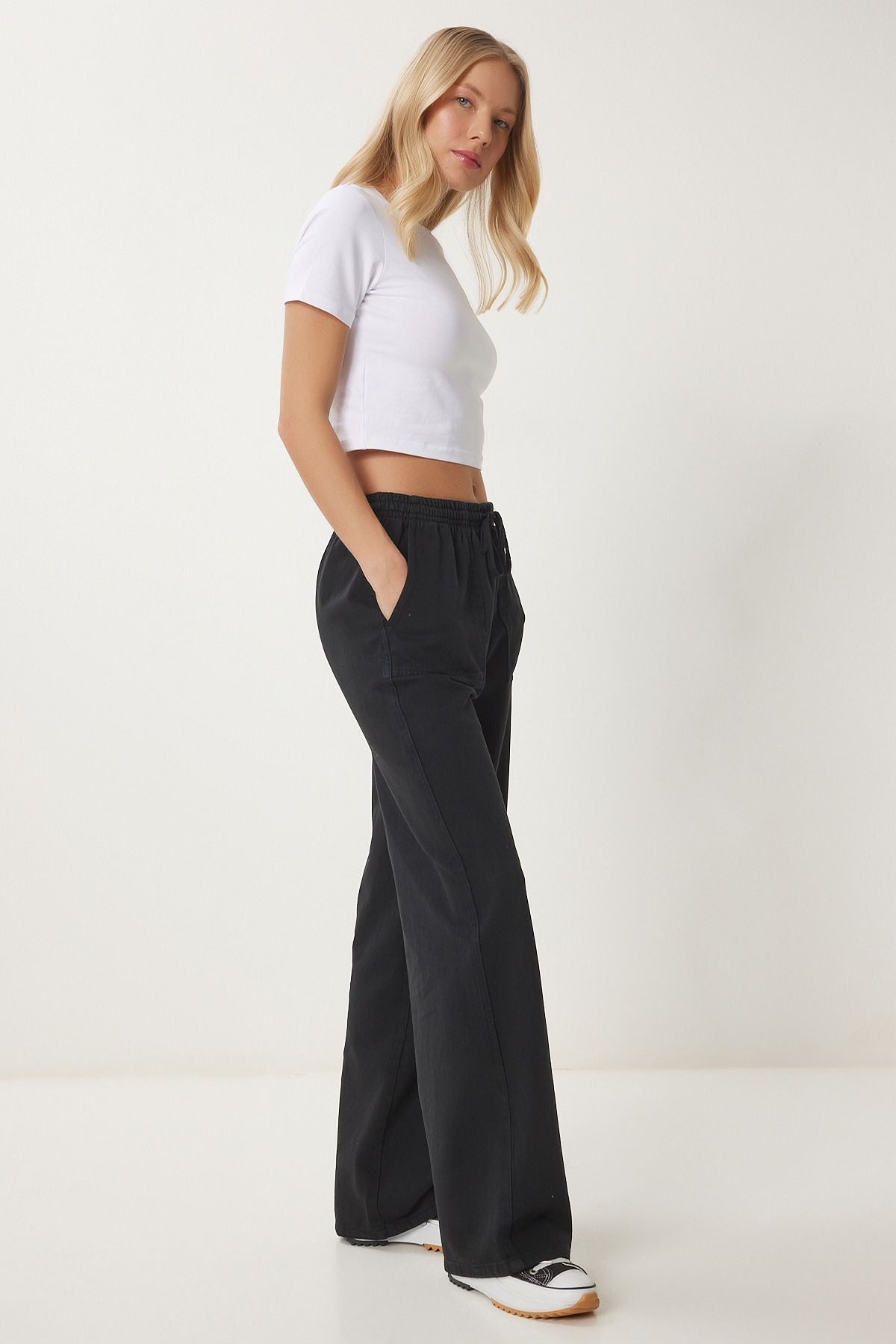 Siyah Soluk Efektli Geniş Paça Denim Palazzo Pantolon MX00179