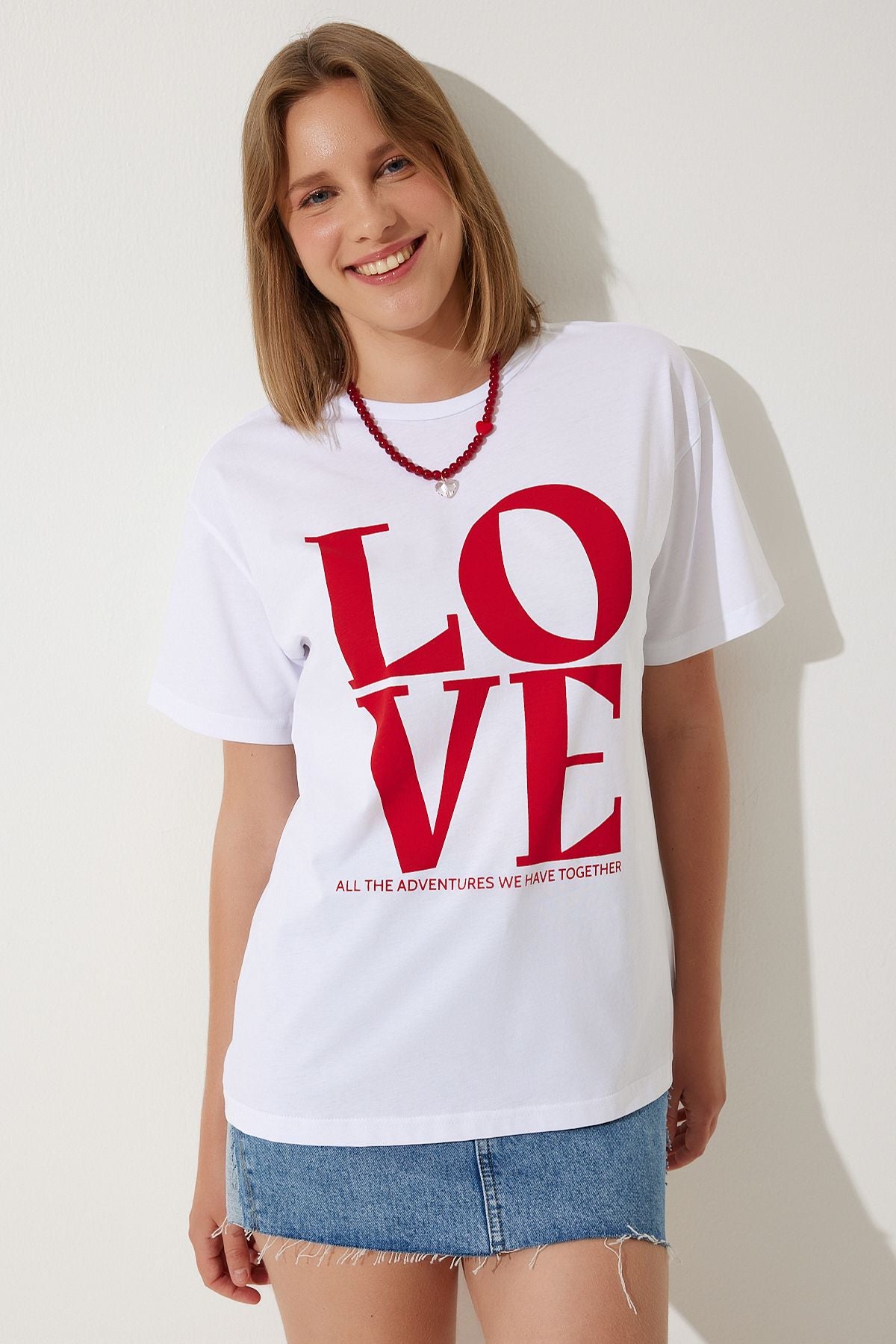Beyaz Baskılı Oversize Pamuklu T-Shirt NJ00150