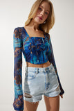 Mavi Desenli Crop Şifon Bluz AN00179