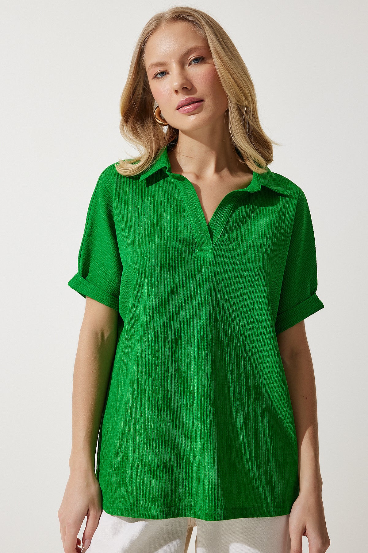Yeşil Polo Yaka Örme Krinkıl Bluz DD01299