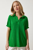 Yeşil Polo Yaka Örme Krinkıl Bluz DD01299