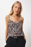 Siyah Bej Leopar Desenli Degaje Yaka Sandy Bluz RX00052