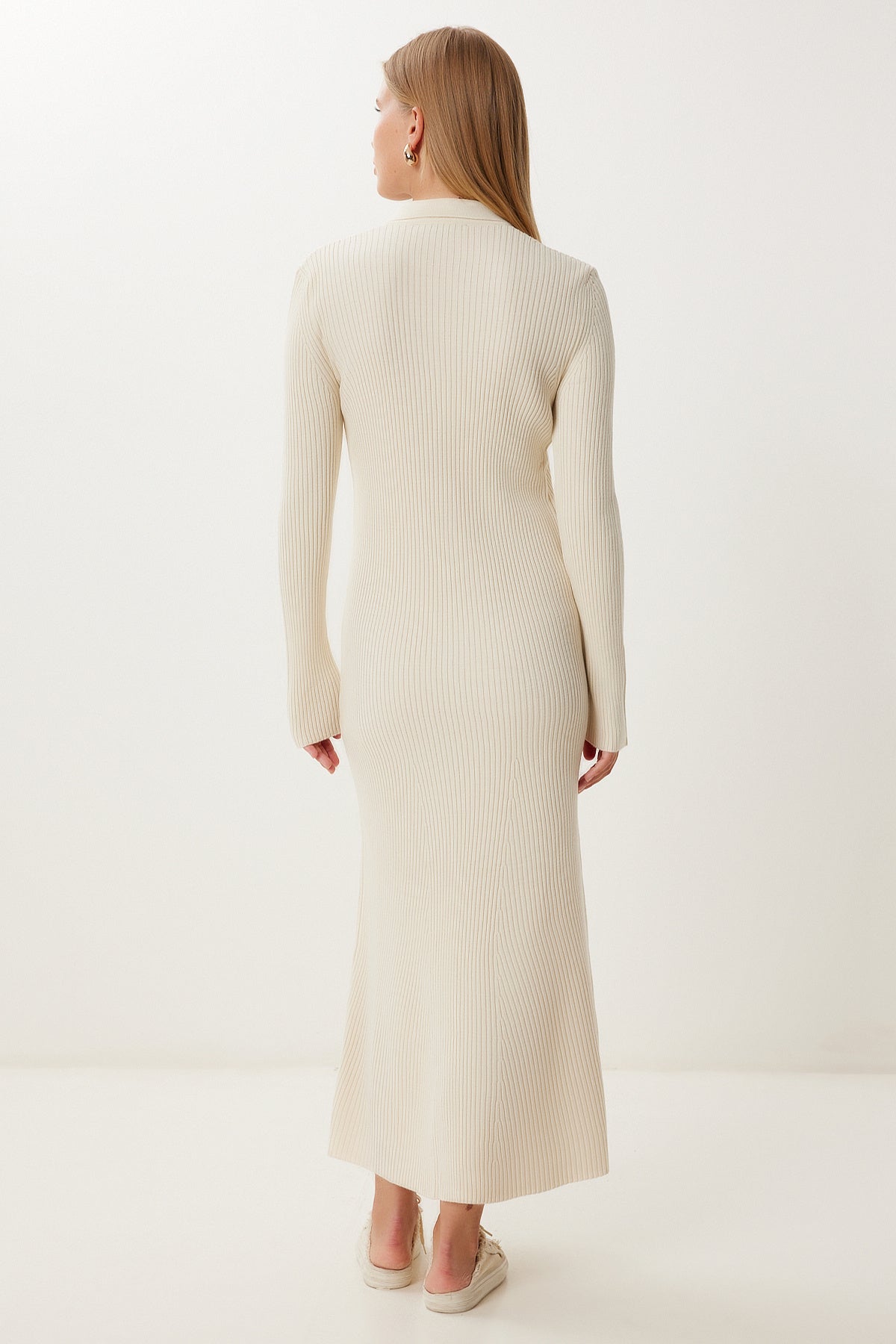 Krem Polo Yaka Midi Fitilli Triko Elbise MX00245