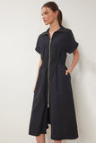 Siyah Fermuarlı Midi Poplin Elbise UB00375
