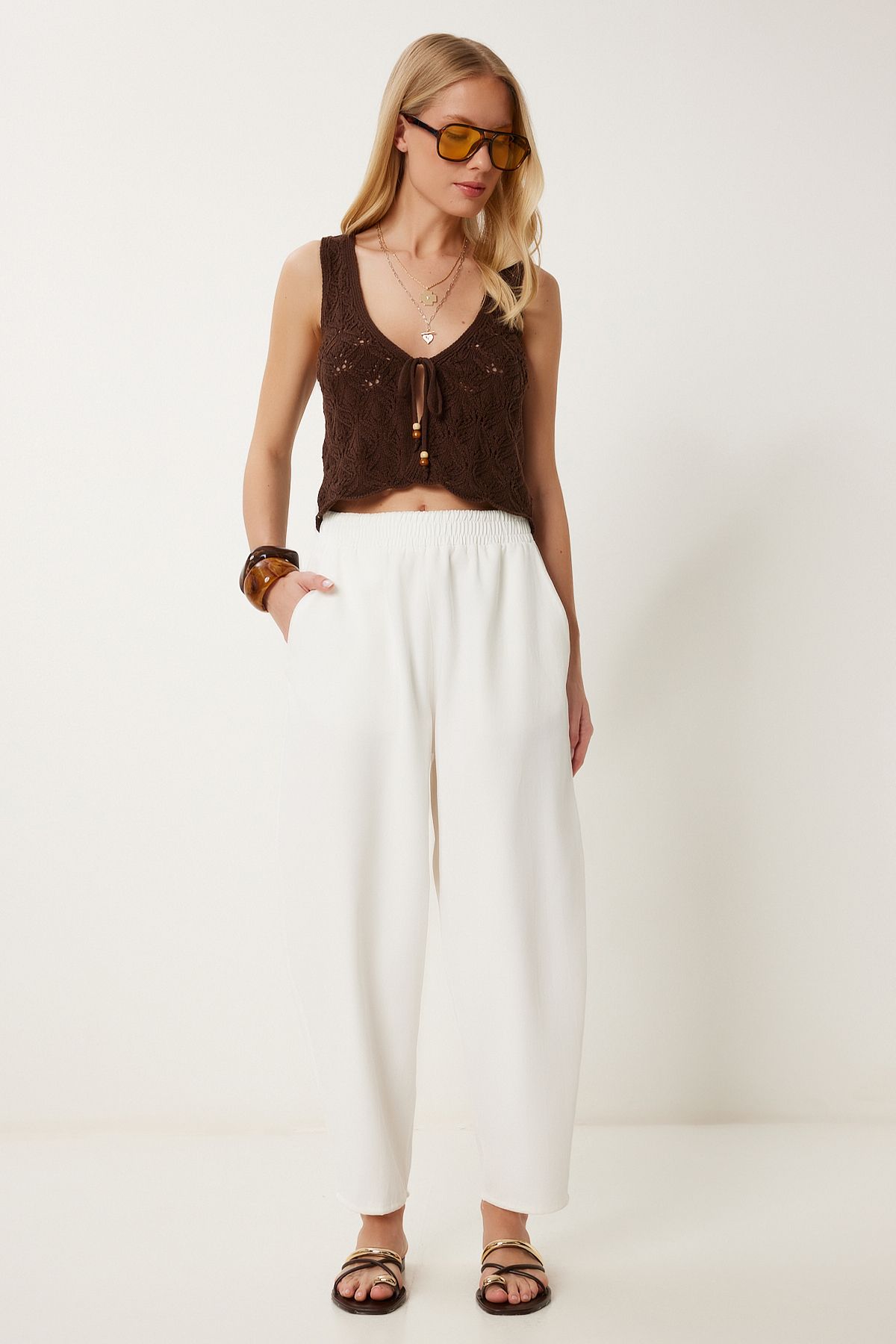 Ekru Cepli Gabardin Keten Pantolon NS00439