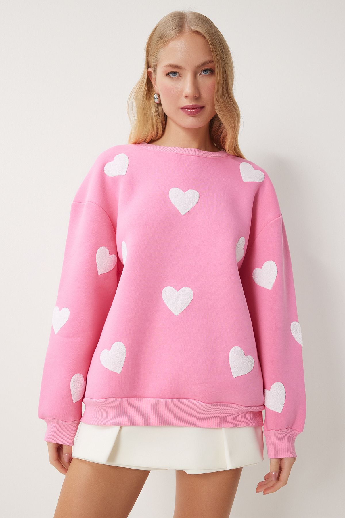 Pembe Kalpli Dokulu Şardonlu Örme Sweatshirt MP00030