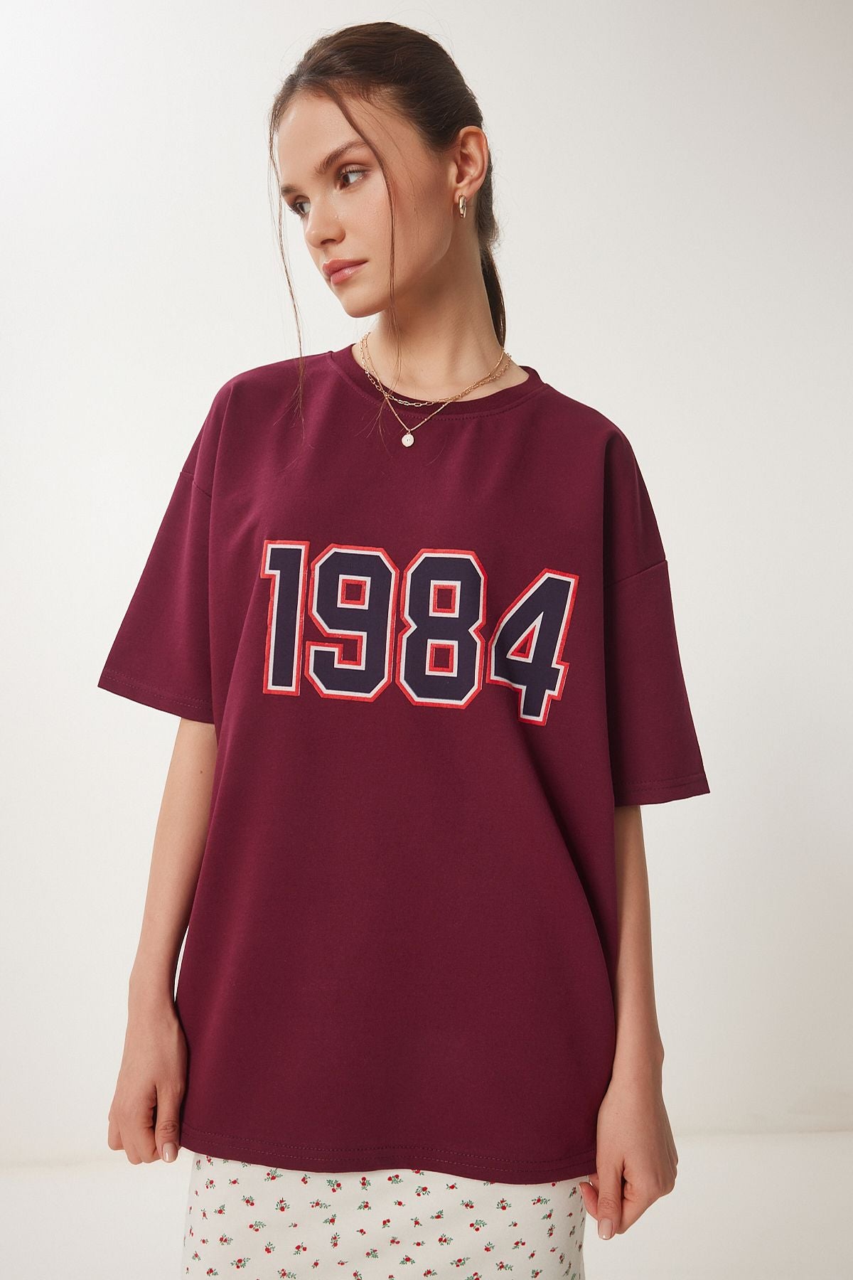 Bordo Oversize Baskılı Örme T-Shirt ZV00280