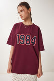 Bordo Oversize Baskılı Örme T-Shirt ZV00280