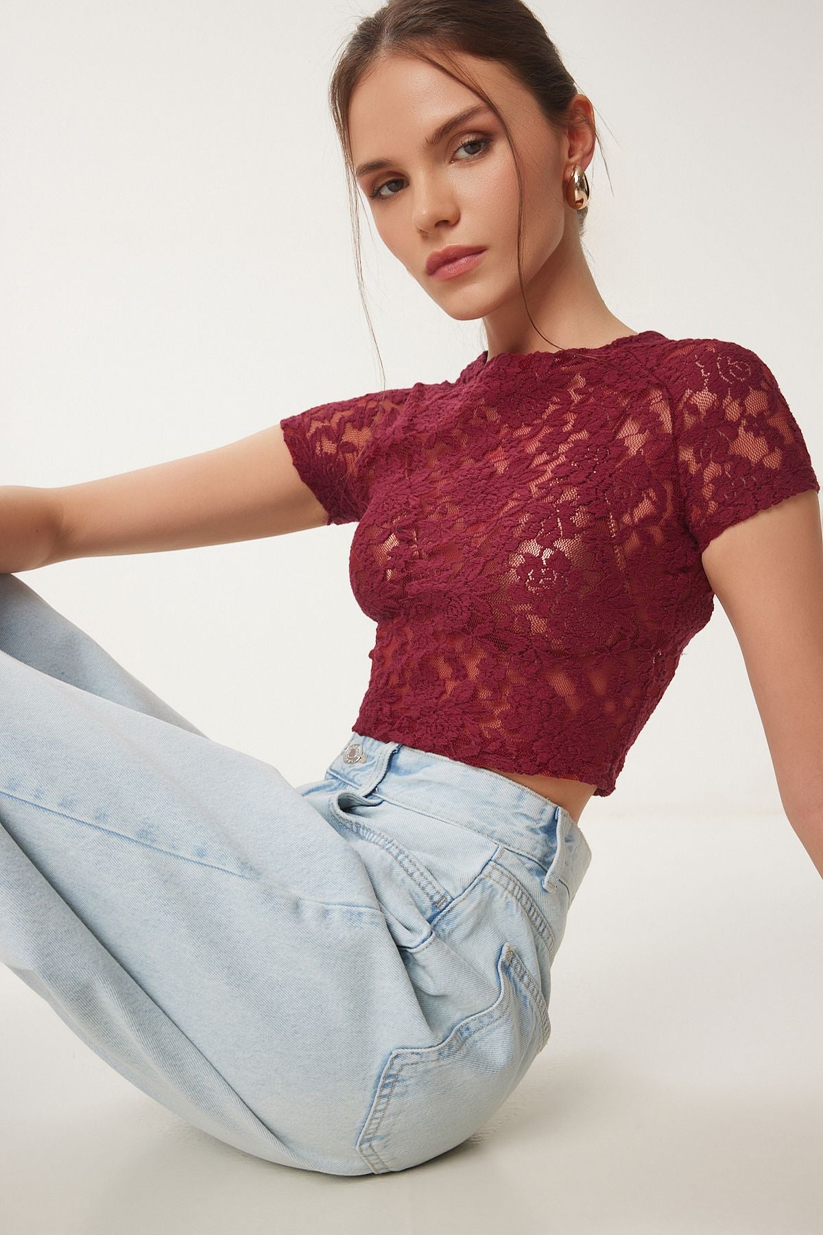 Bordo Dantelli Esnek Crop Bluz KH00094