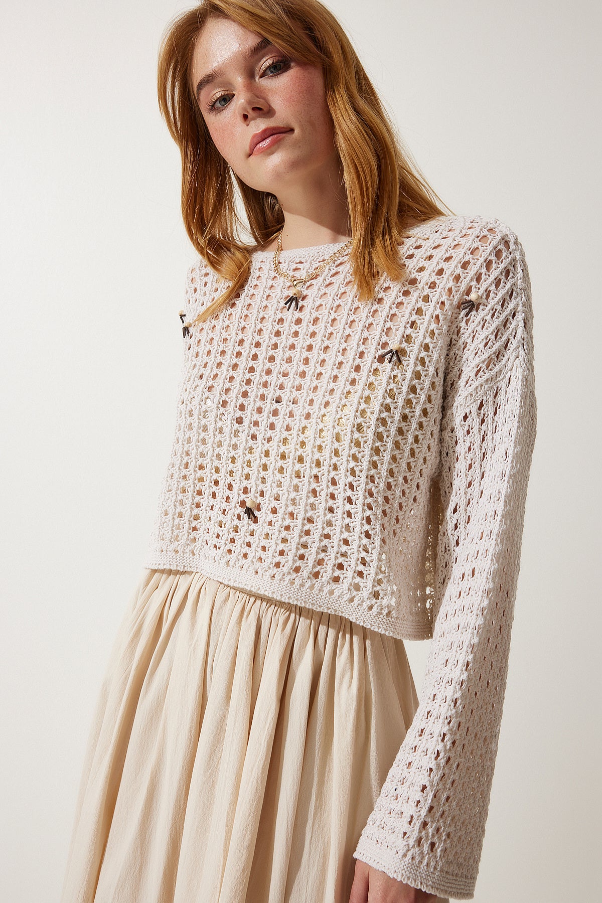 Krem Boncuklu Ajurlu  Mevsimlik Crop Triko Kazak MW00149