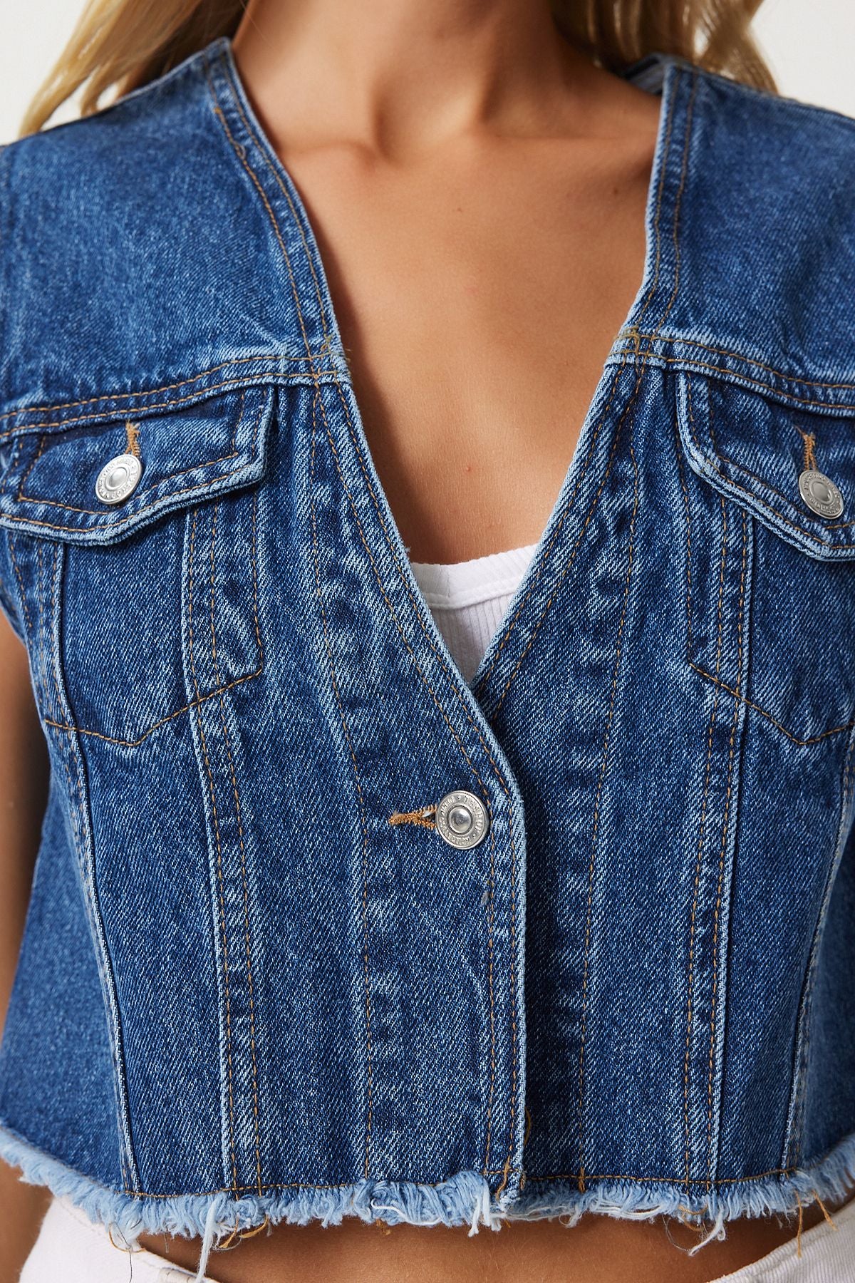 Koyu Mavi Cepli Crop Denim Yelek OK00063