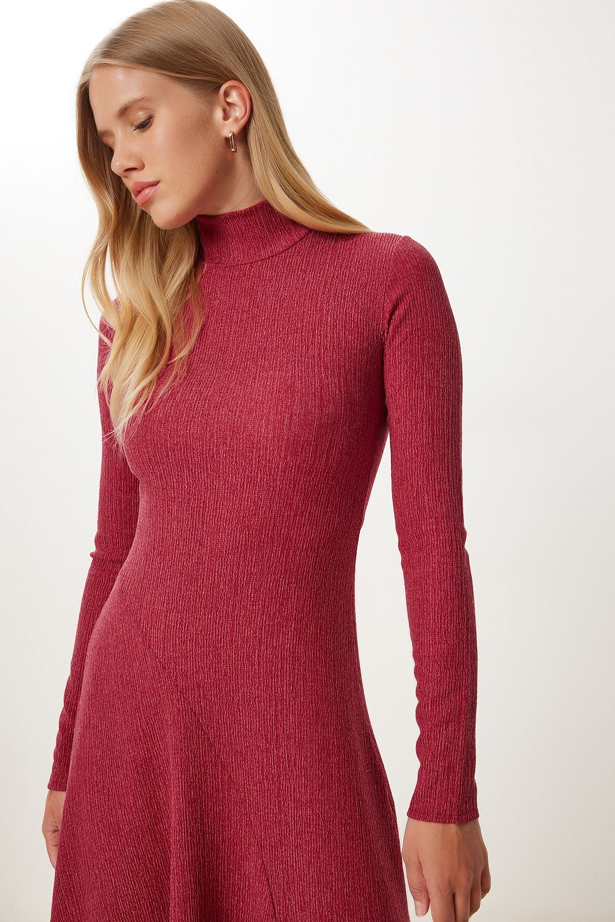 Bordo Volanlı Yırtmaçlı Midi Krinkıl Elbise UB00413