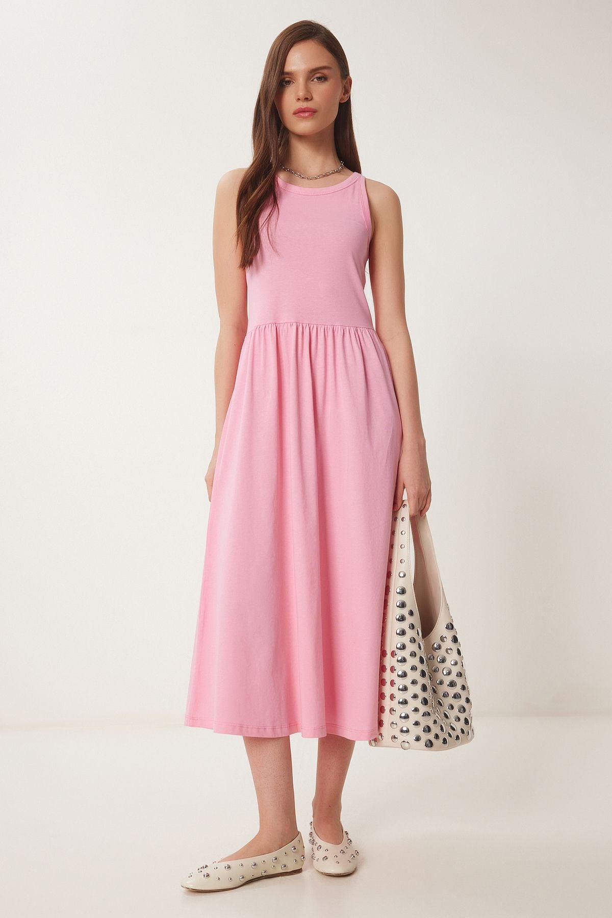 Pembe Halter Yaka Basic Yazlık Örme Elbise CR00474