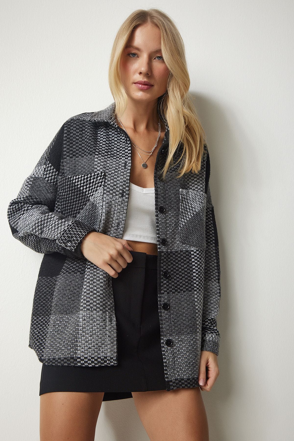Gri Siyah Desenli Oversize Kaşe Oduncu Gömlek TU00034