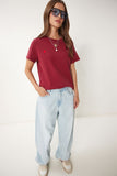 Bordo Kalp Nakışlı Örme T-Shirt DP00242