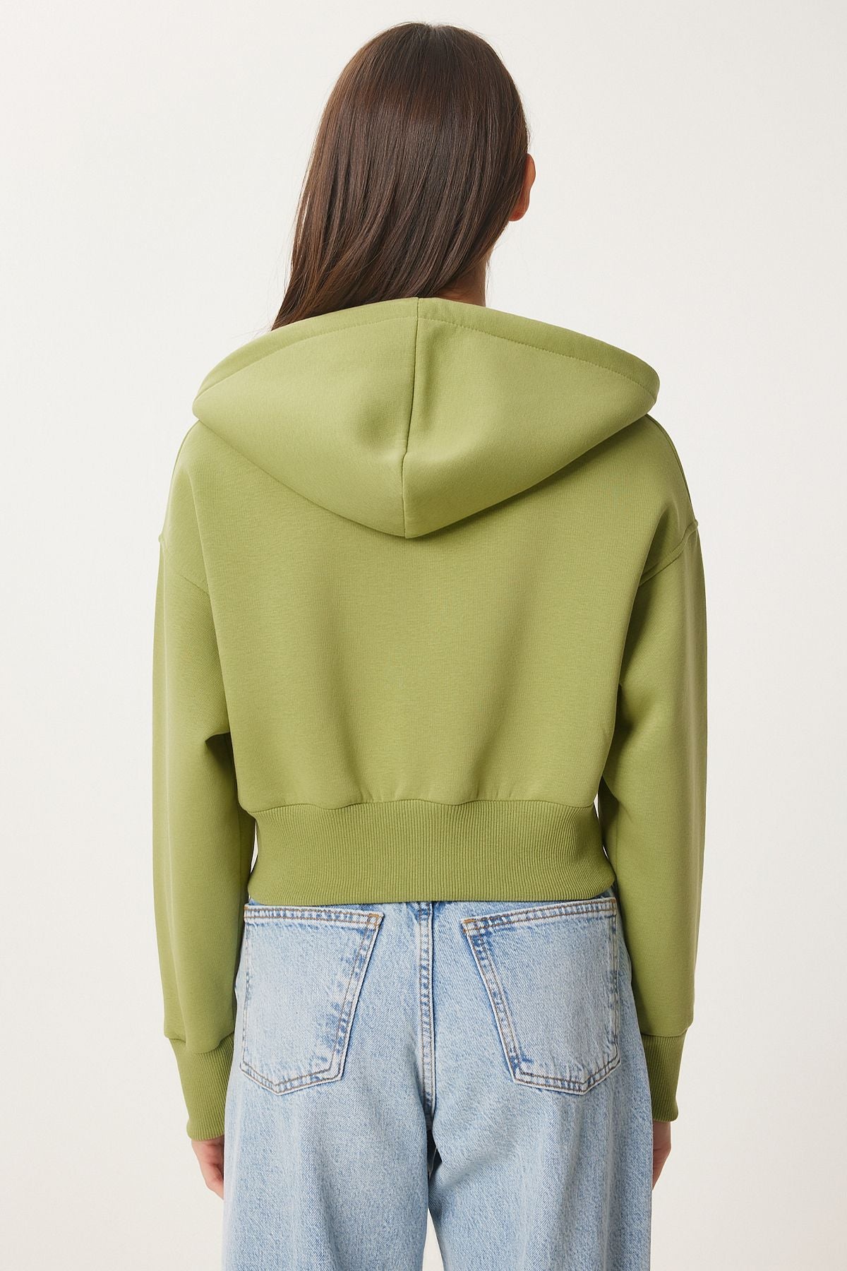 Fıstık Yeşili Kapüşonlu Şardonlu Fermuarlı Sweatshirt OW00051