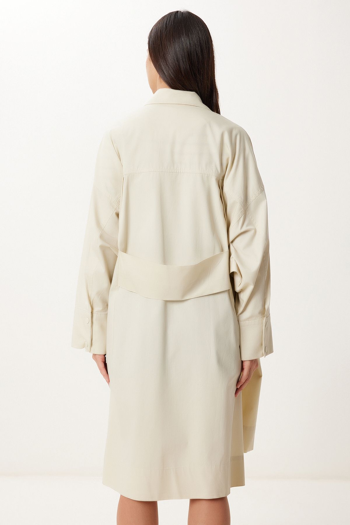 Krem Fermuarlı Oversize Dokuma Trençkot FG00052