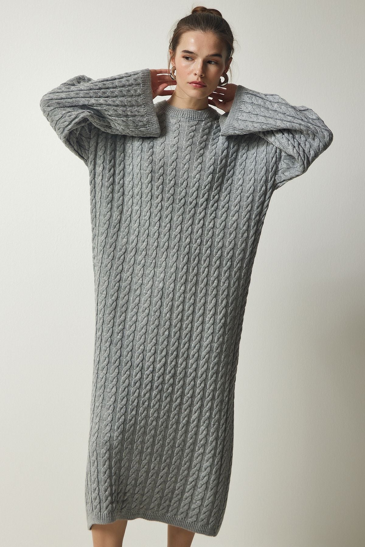 Gri Örgü Detaylı Kalın Oversize Triko Elbise YY00184
