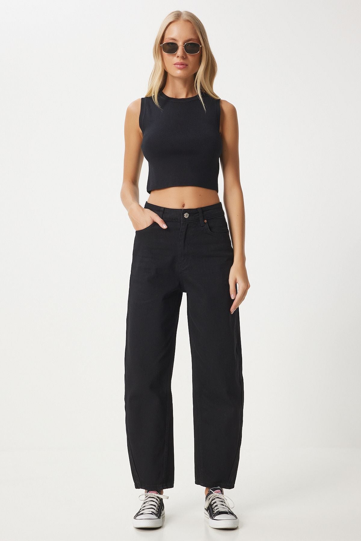Siyah Yüksek Bel Baggy Jean Pantolon UT00006