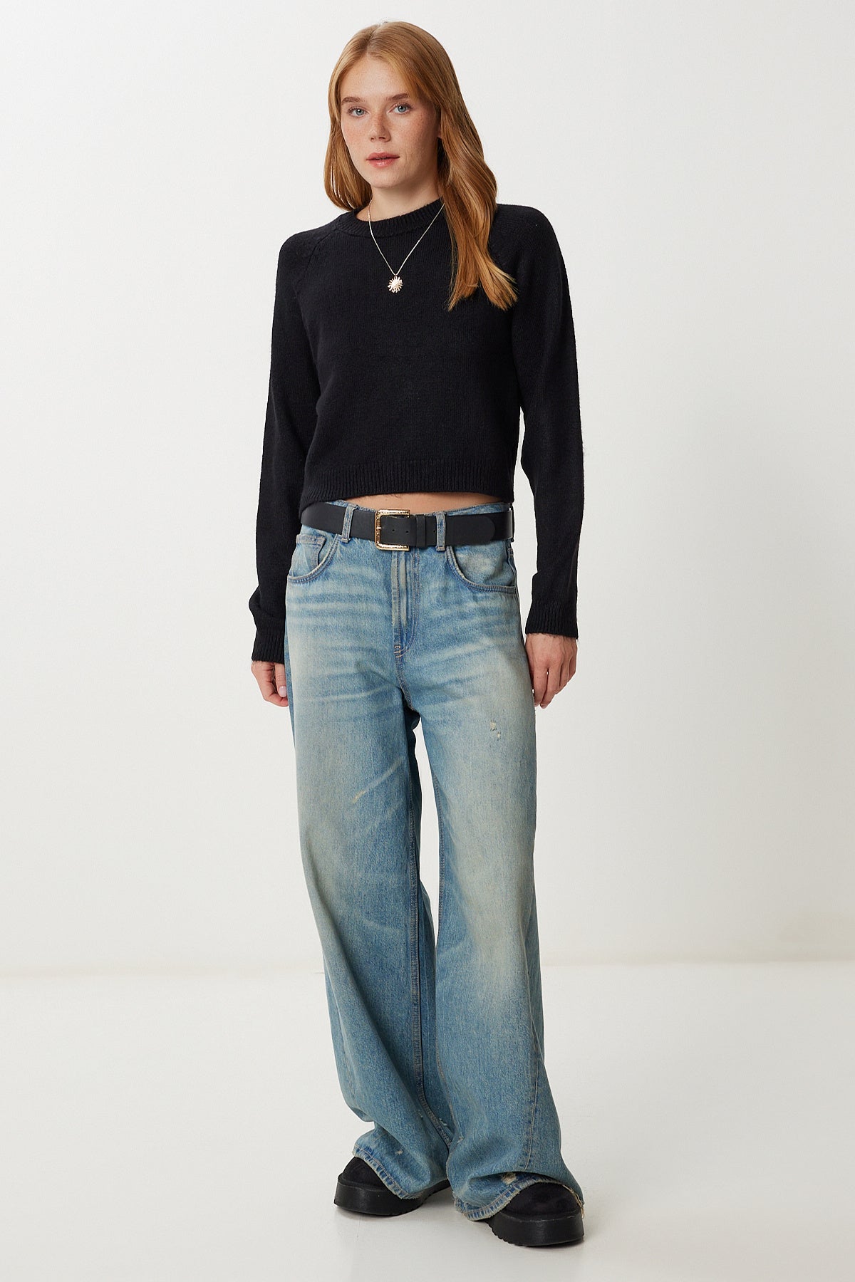 Siyah Basic Crop Triko Kazak Kİ00149
