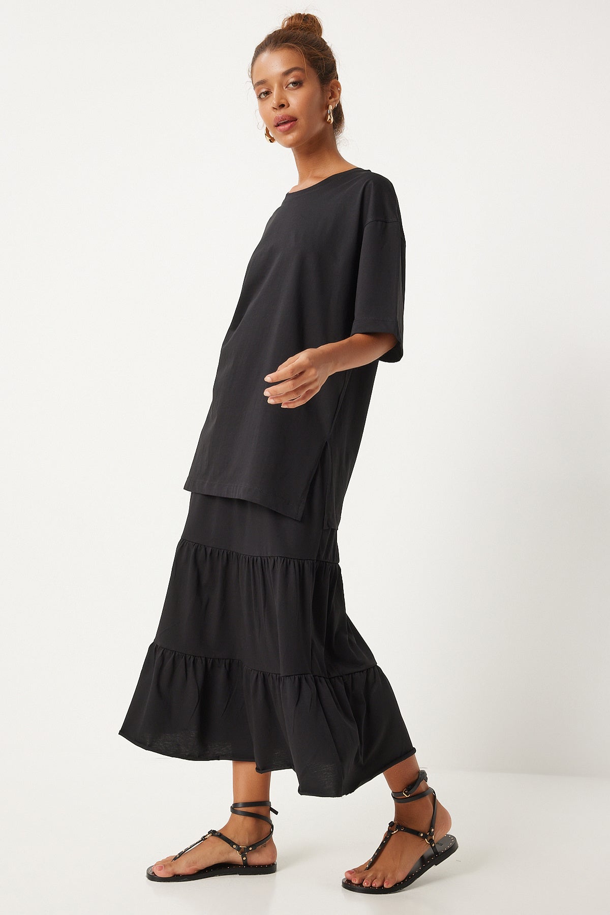 Siyah Oversize T-Shirt Volanlı Örme Etek Takım UB00291
