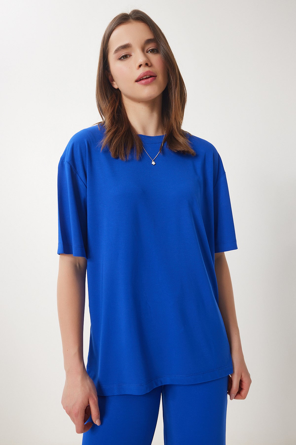 Koyu Mavi Oversize Örme T-Shirt Pantolon Takım FN03452