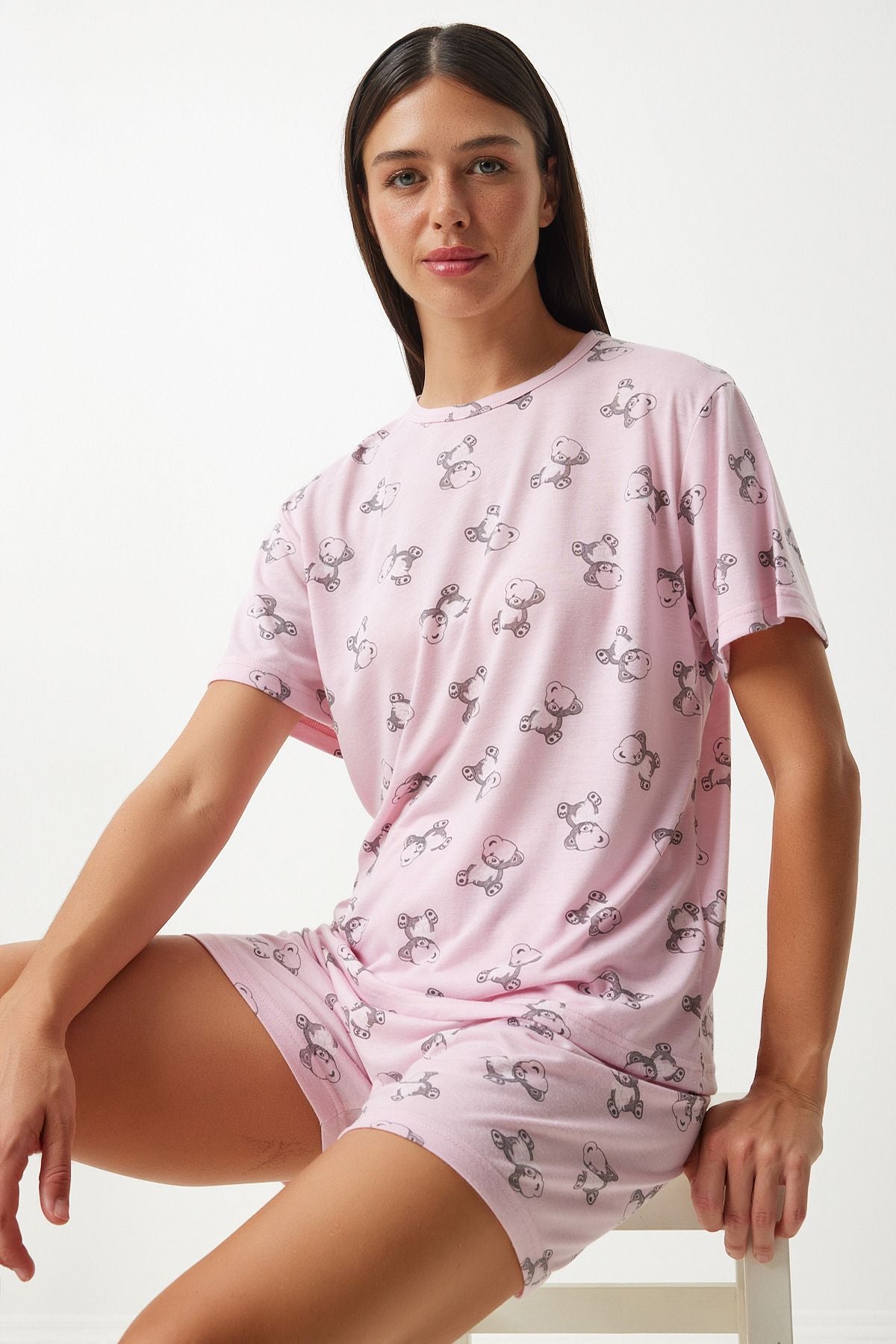 Açık Pembe Desenli Viskon Şort T-Shirt Pijama Takımı EC00045