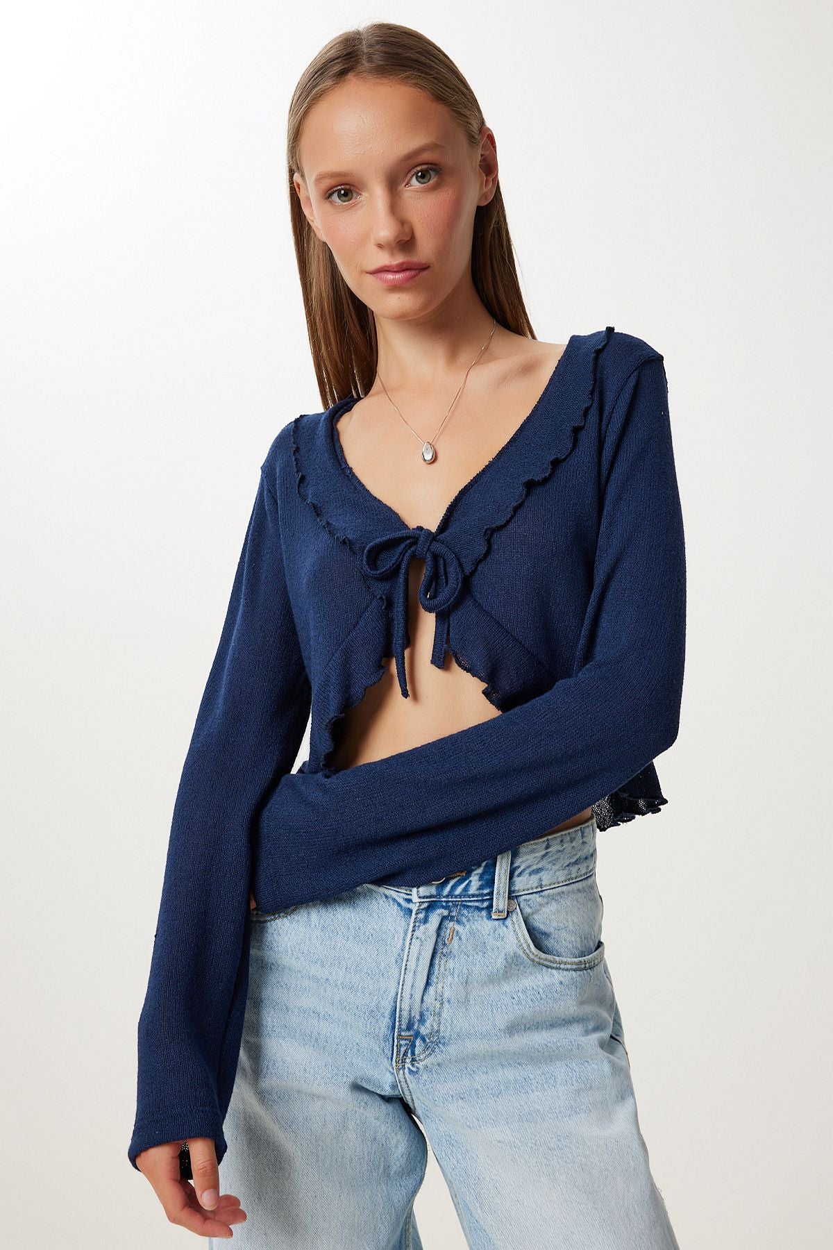 Lacivert Volanlı Mevsimlik Crop Triko Bolero UB00432