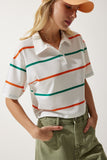 Ekru Oranj Polo Yaka Çizgili Kısa Örme T-Shirt HF00454
