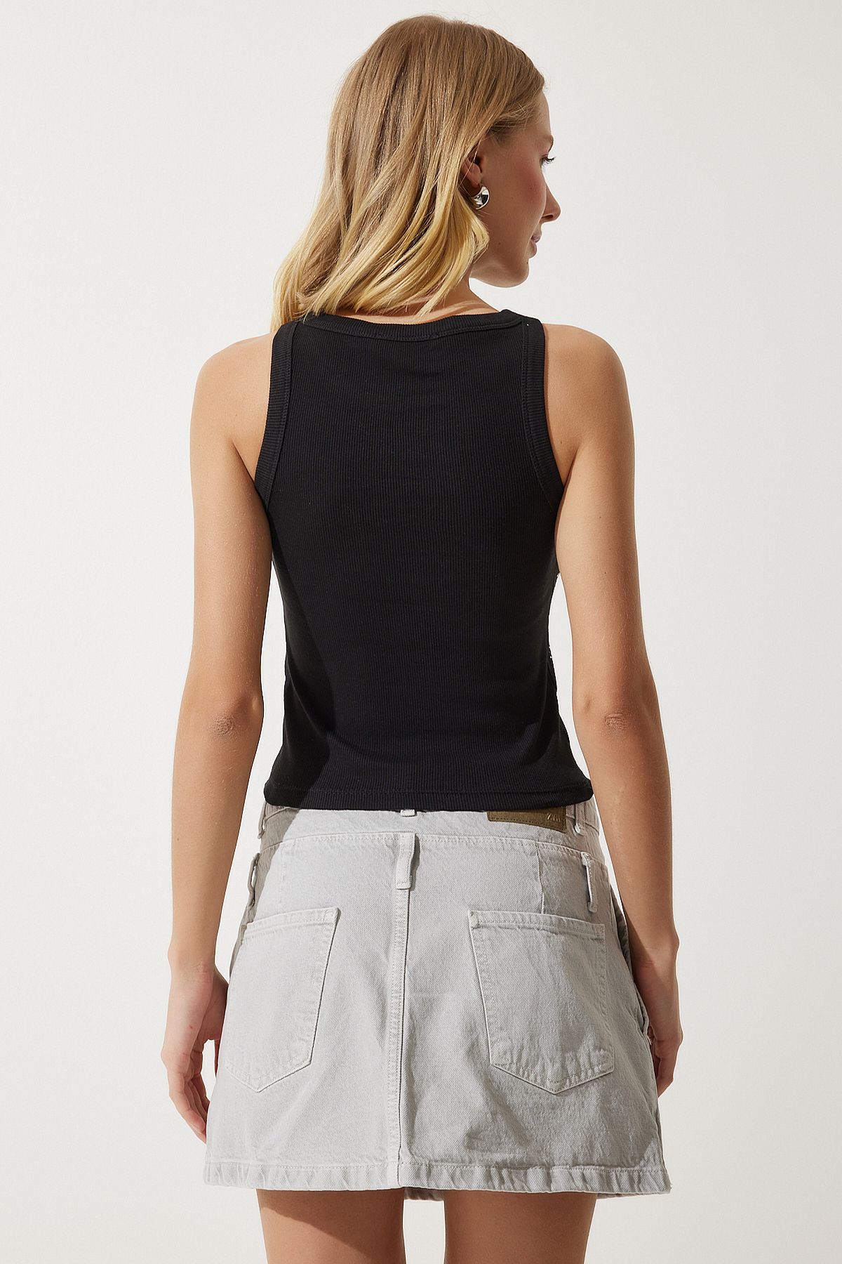 Siyah Taş İşlemeli Crop Triko Bluz NJ00144