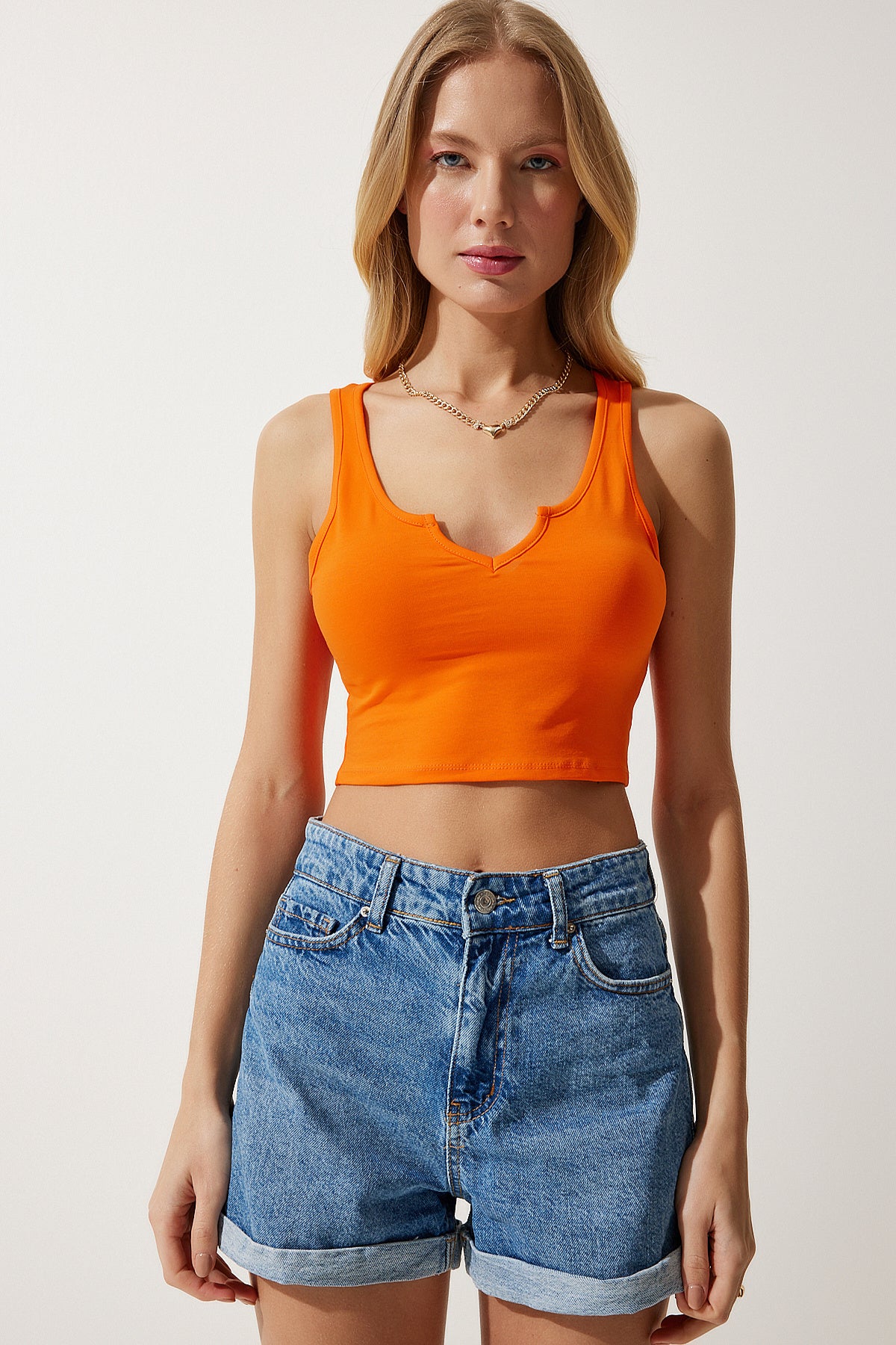 Oranj Askılı Crop Örme Bluz OW00030