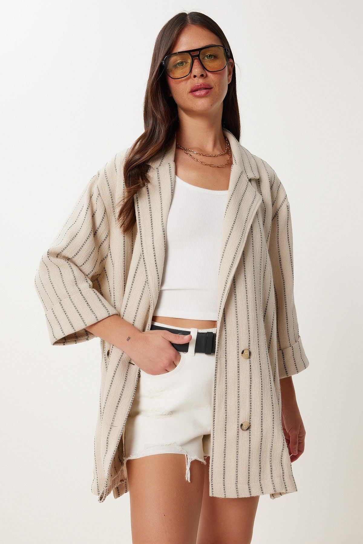 Krem Siyah Oversize Çizgili Mevsimlik Keten Ceket MX00224