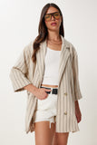 Krem Siyah Oversize Çizgili Mevsimlik Keten Ceket MX00224
