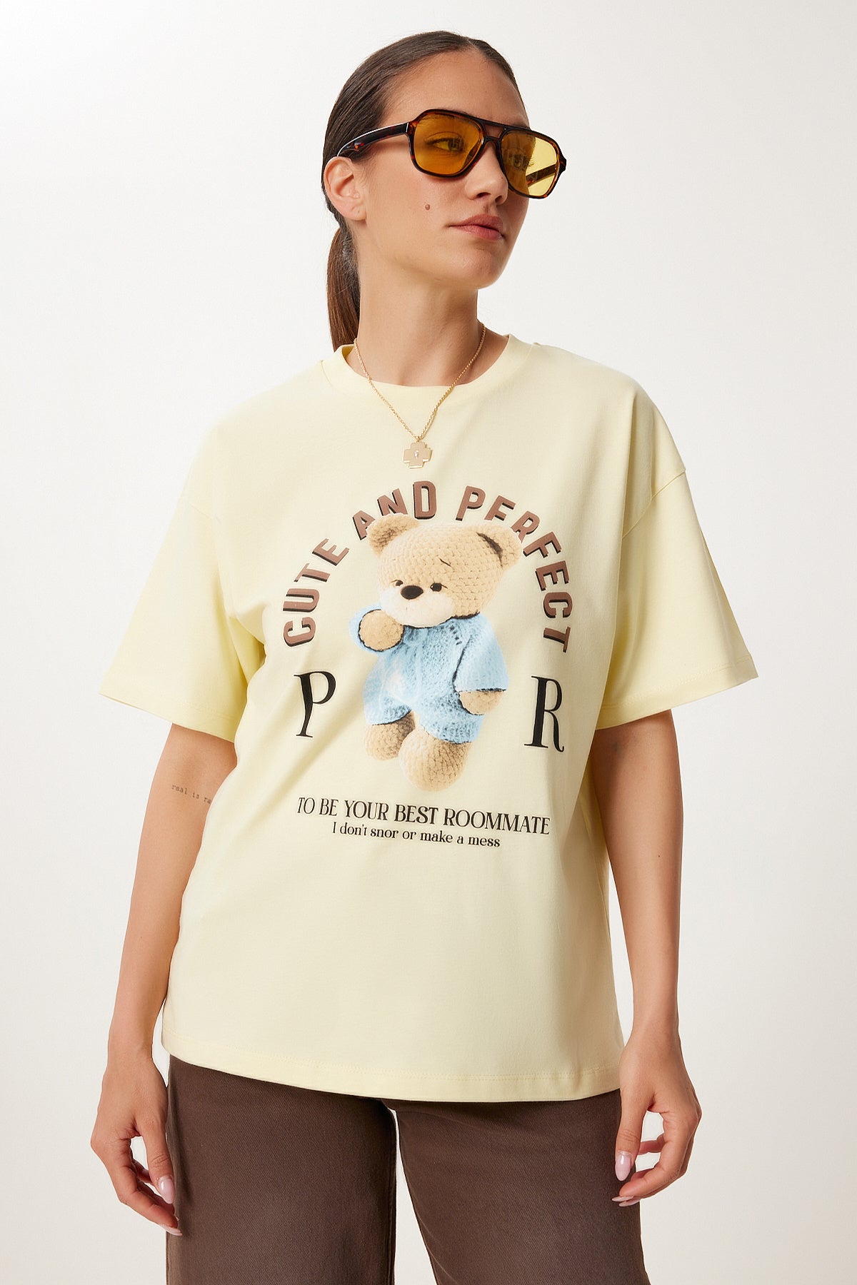 Sarı Baskılı Oversize Pamuklu Örme T-Shirt CR00508