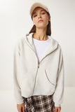 Gri Melanj Kapüşonlu Fermuarlı Şardonlu Sweatshirt CV00045