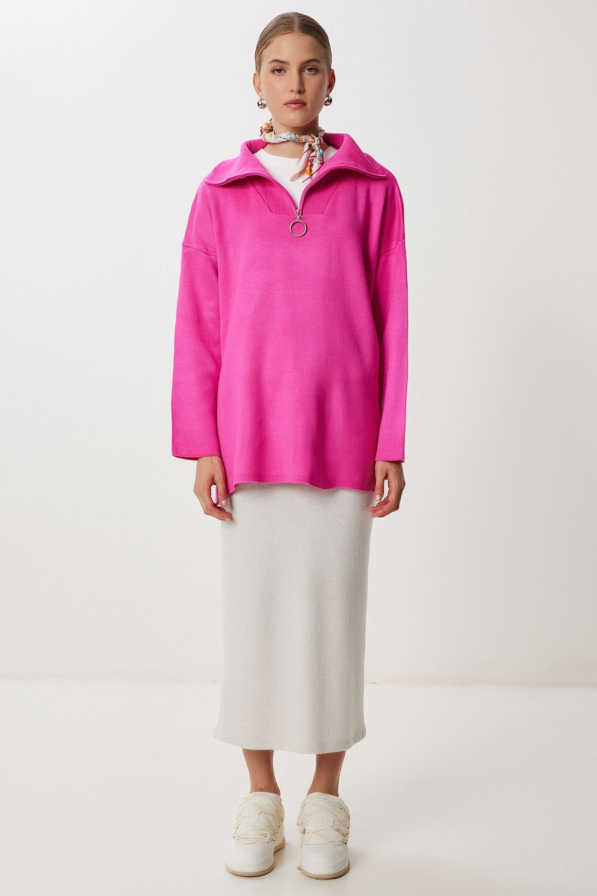 Koyu Pembe Fermuarlı Oversize Triko Kazak YY00263