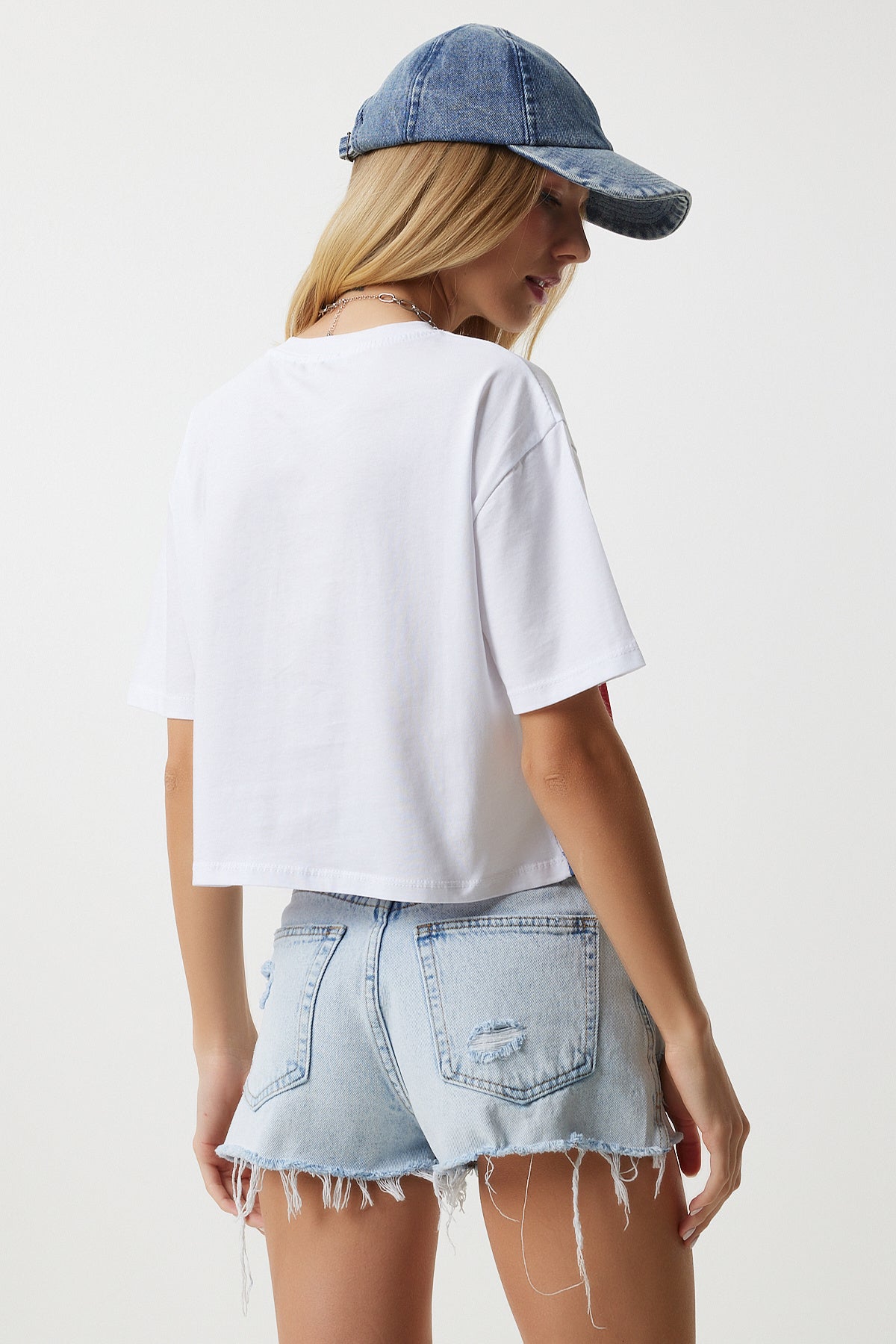 Beyaz Mavi Bisiklet Yaka Çizgili Örme T-Shirt NJ00151