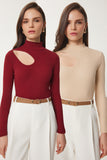 Bordo Krem 2'Li Paket Cut Out Detaylı Fitilli Örme Bluz GT00235