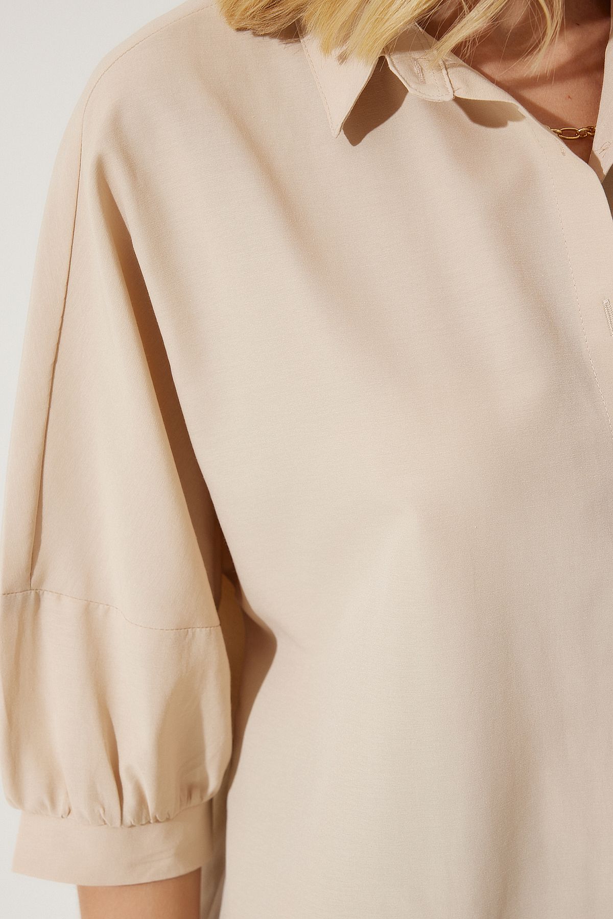 Krem Balon Kollu Poplin Gömlek DD01308