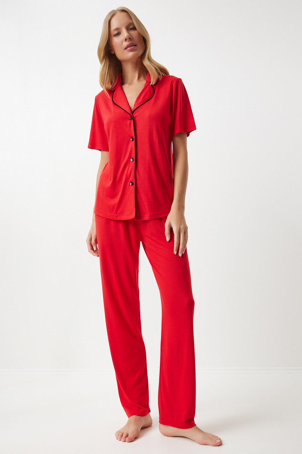Kırmızı Biye Detaylı Gömlek Pantolon Pijama Takım EC00038