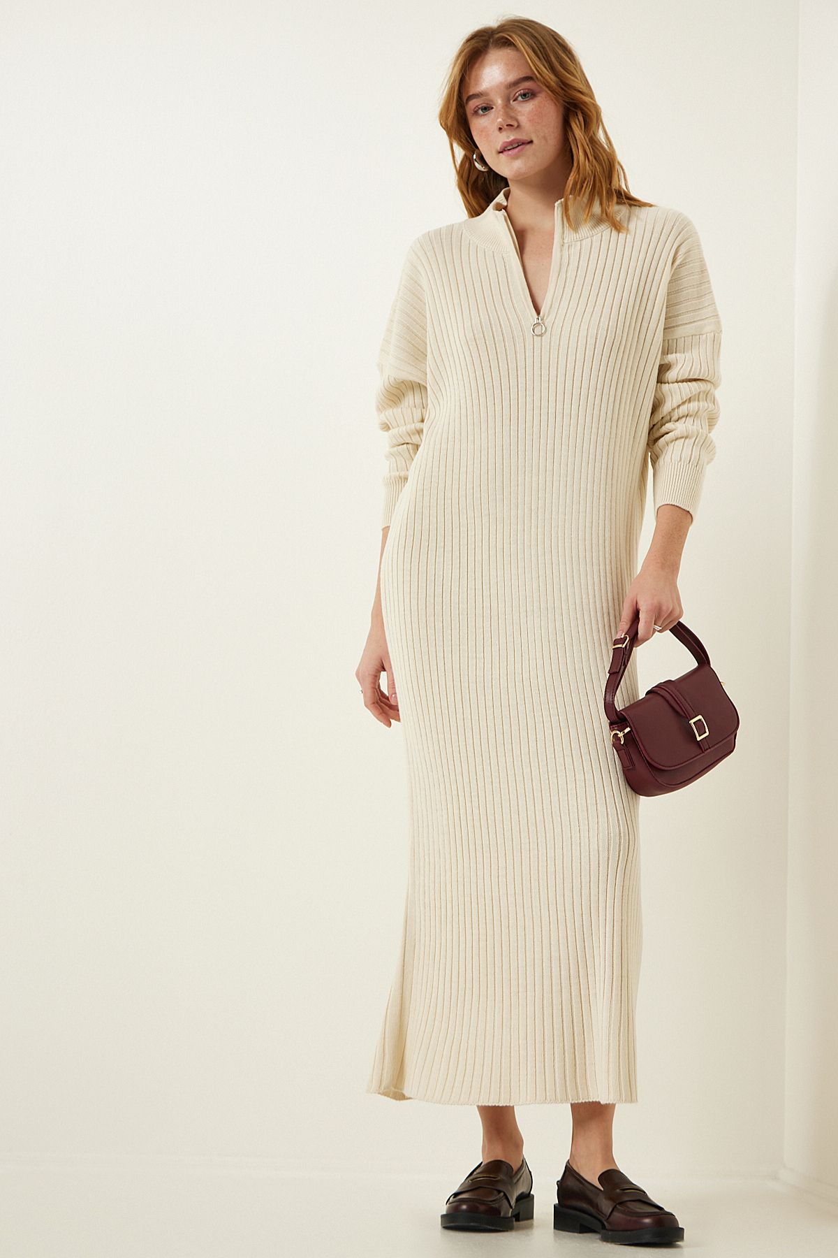 Krem Fitilli Oversize Triko Elbise DD01251