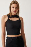 Siyah Cut Out Detaylı Fitilli Crop Örme Bluz KH00089