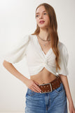 Kemik Balon Kollu Crop Dokuma Bluz RG00052