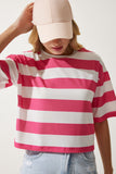 Beyaz Pembe Bisiklet Yaka Çizgili Crop Örme T-Shirt HF00452