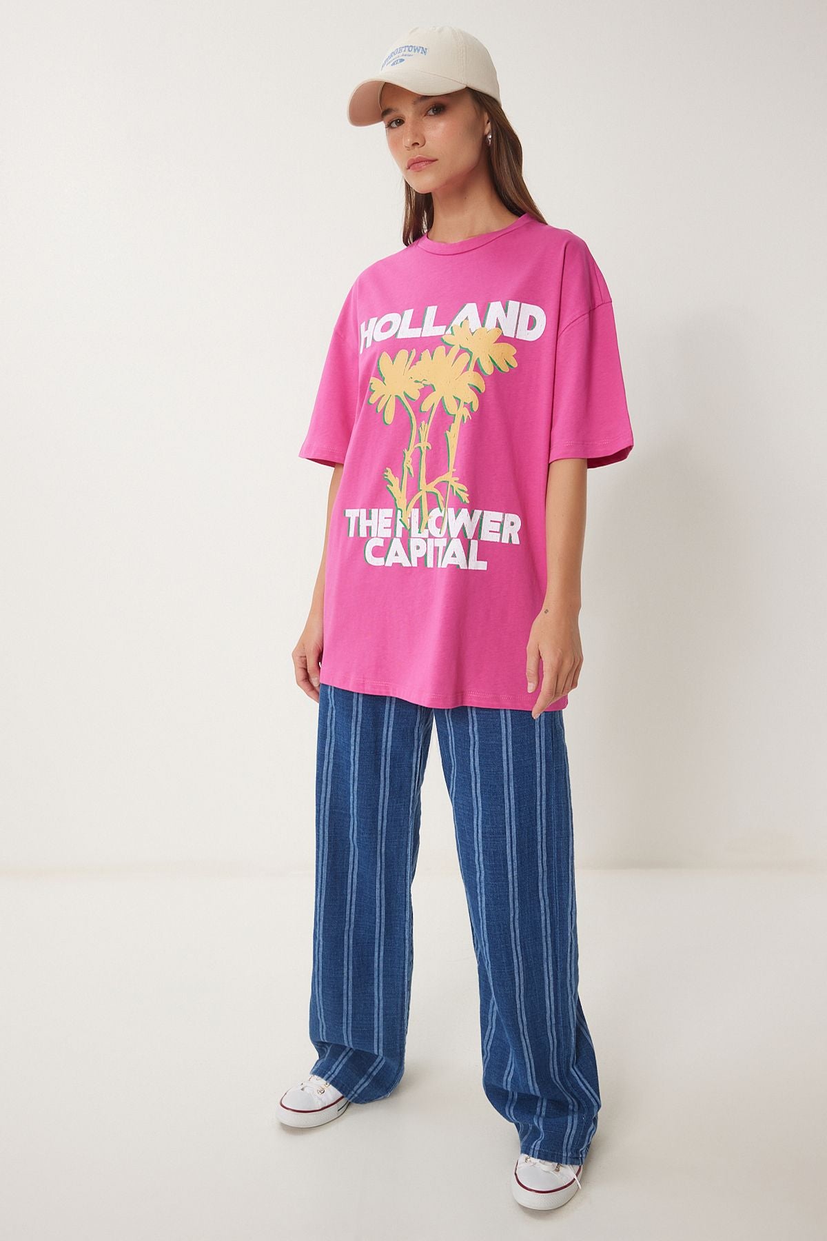 Koyu Pembe Oversize Baskılı Örme T-Shirt JH00054