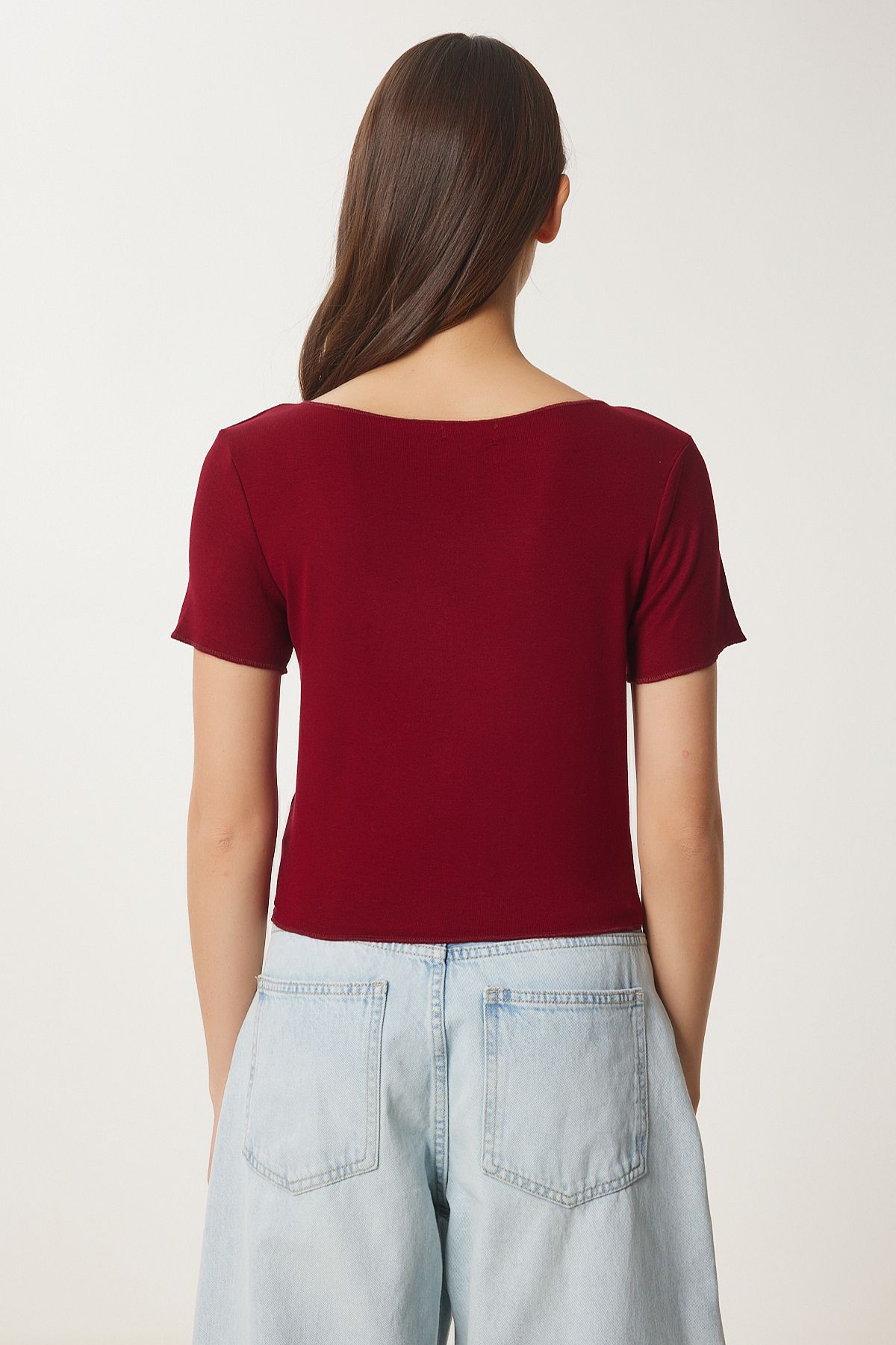 Bordo Fiyonklu Örme T-Shirt MC00296